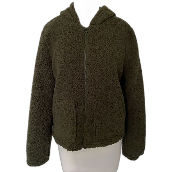 Ci Sono Faux Fur Olive Green Zippered Hooded Jacket Soft Plush Warm Cozy Sz L - Picture 1 of 10